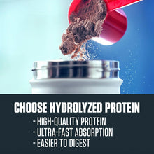 Hydrolyzed protein powder pouring from red scoop into white container lid