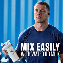 Whey protein isolate container with shaker bottle in hand, Cookies & Cream