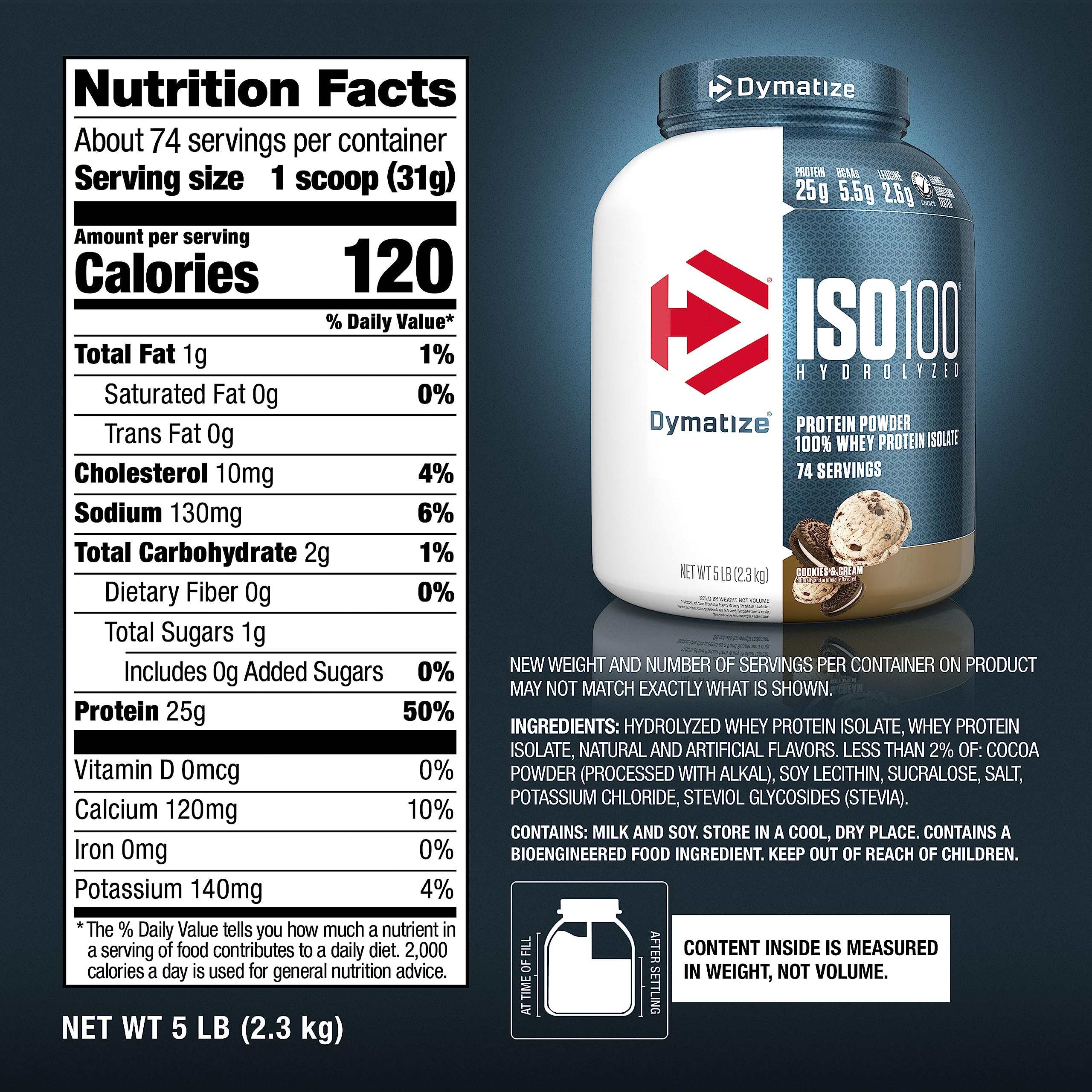 Dymatize ISO100 whey protein isolate UAE nutrition facts label on a protein powder container