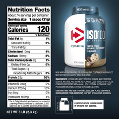 Dymatize ISO100 whey protein isolate UAE nutrition facts label on a protein powder container