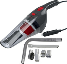 Handheld car vacuum with black body, red filter door, and accessory kit with hose