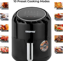 Black digital air fryer with round control panel and display, countertop preset modes