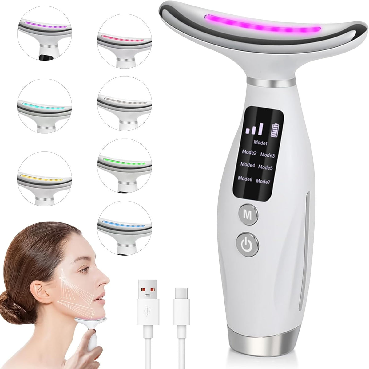 Neck Face Massager, Necomi Face Sculpting tool Multi-Function Face Massager with 7 Color Modes,45±5°C Heat, for Anti-aging, Firming Skin and Neck Lifting (01-01)