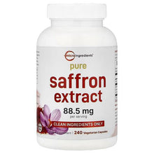 Saffron extract supplement bottle with label, 88.5 mg per serving, 240 vegetarian capsules