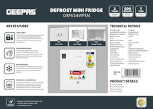 White mini fridge technical chart with door lock and key features icons