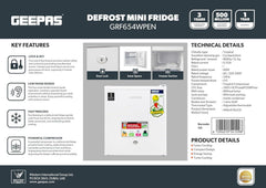 Geepas Mini Bar Fridge 60L, Defrost, Door Lock & Key, Low Noise, Compact Design, Powerful Compressor, Energy Saving, Fast Freezing, Adjustable Thermostat, White