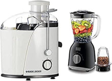 White juicer extractor with stainless spout and black blender base, wide chute set