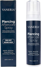 VANERIA Piercing Aftercare Spray bottle and box, fine-mist wound wash formula, 120 mL