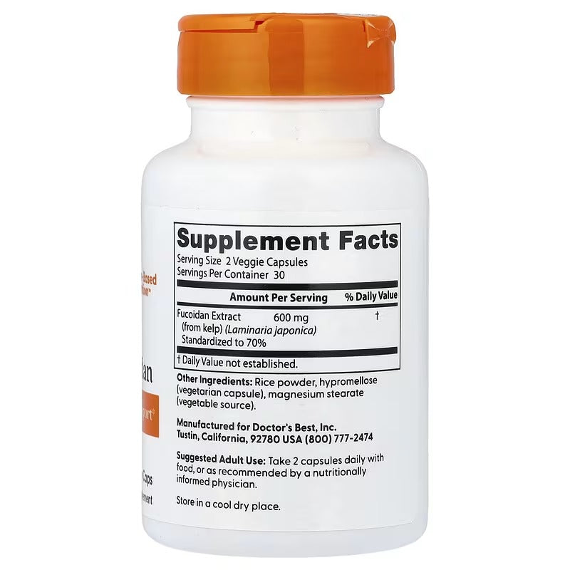 Fucoidan supplement bottle with orange cap, Supplement Facts label facing up