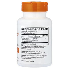 Fucoidan supplement bottle with orange cap, Supplement Facts label facing up
