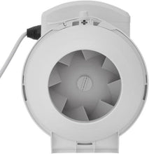 White inline exhaust fan with front grille showing internal fan blades