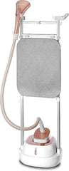 Garment steamer with grey pressing cloth and upright metal frame, white base.