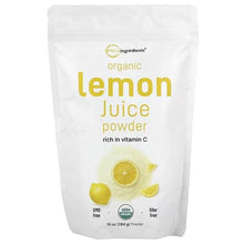 Organic lemon juice powder pouch with yellow lemon slices, white bag with brand logo