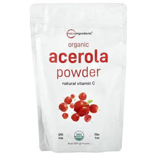 Micro Ingredients organic acerola powder pouch, white bag with red label and cherry icons