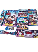Kids Mickey stationery set with boxed supplies and purple-blue space artwork design