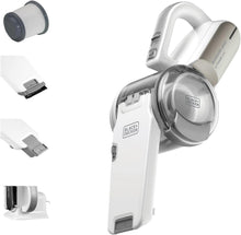 White cordless handheld vacuum with pivoting nozzle and clear dust canister, plus attachments