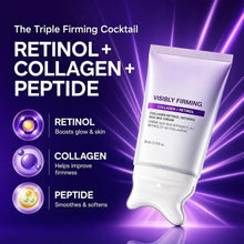 Purple retinol collagen peptide firming neck cream tube, front view, with gua sha