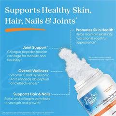 Collagen peptides supplement bottle with blue health claims panel
