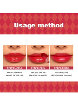 Long-lasting waterproof lip gloss usage steps with lip swatches and finish result