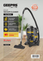 Geepas 2000W 2-in-1 Blow and Dry Vacuum Cleaner GVC19045 | Powerful Copper Motor | 18L Capacity | Stainless Steel Drum Tank | Dust Full Indicator | 2-Year Warranty
