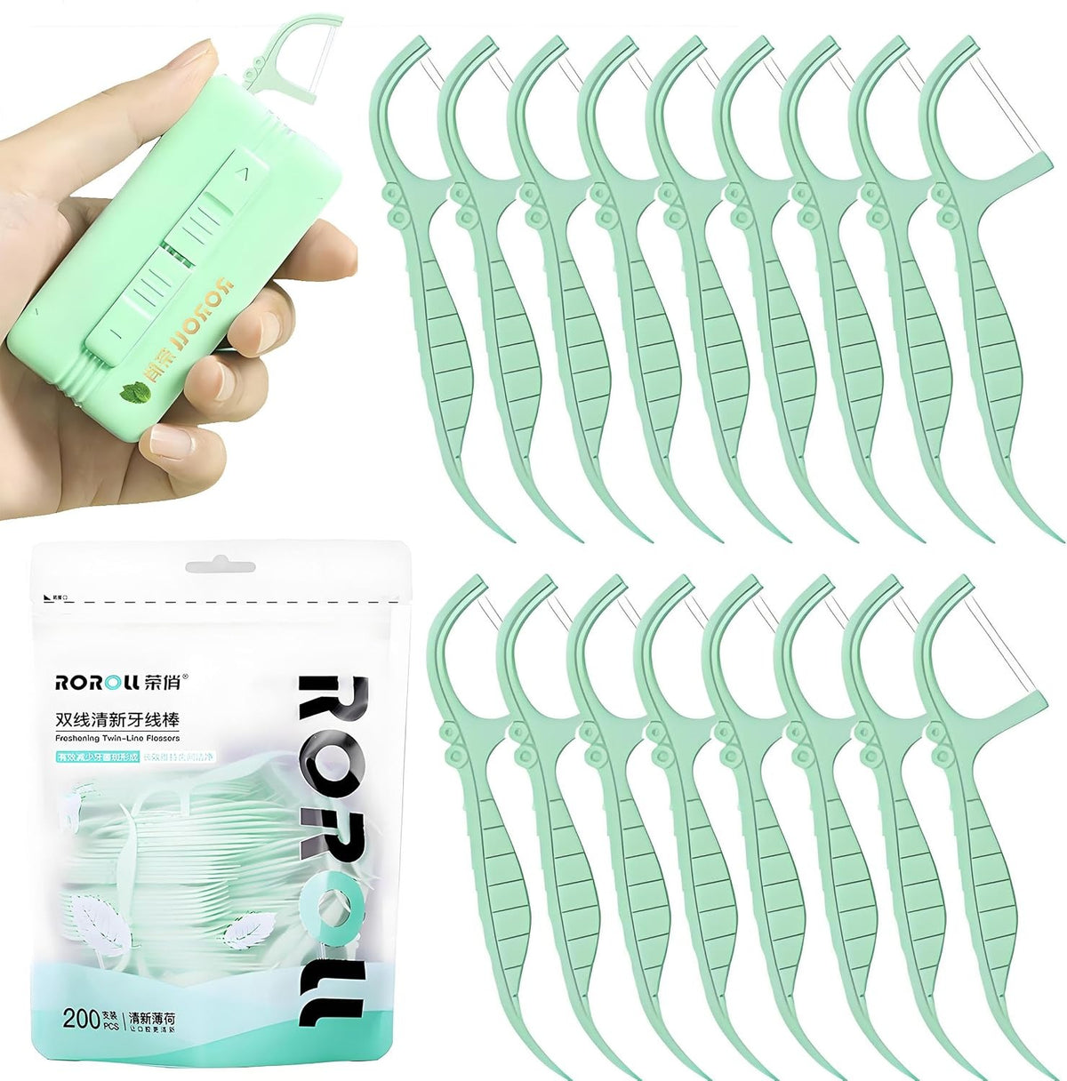 Dental Floss Picks 210Pcs with Magnetic Portable Case, Double Strand for Effective Plaque Removal & Cavity Prevention, Toothpick Floss for Family, Travel & Braces Care - Ideal Gift (Mint, Green)