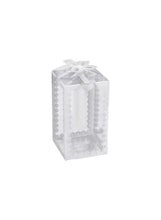 White decorative gift bag with bow and lace-like trim