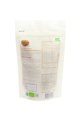 Earths Finest resealable white pouch back view of organic black chia seeds with nutrition facts label