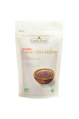 Earths Finest organic black chia seeds in resealable pouch with wooden bowl of seeds