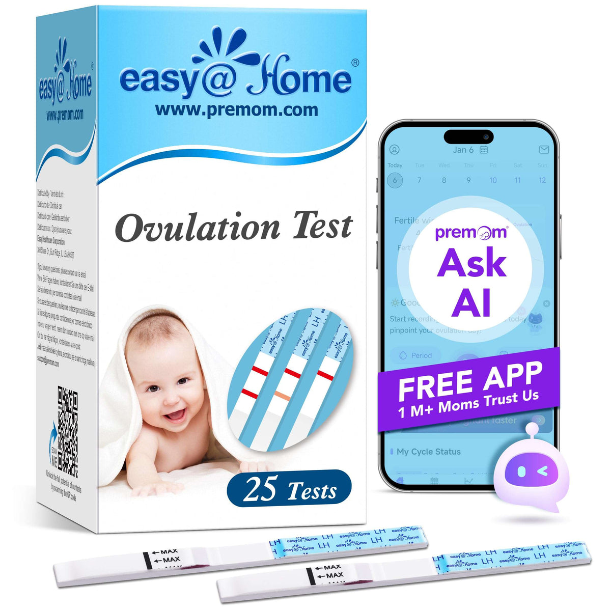 Easy at Home Ovulation Test 25 pack with sample strips and smartphone app display ovulation test strips UAE