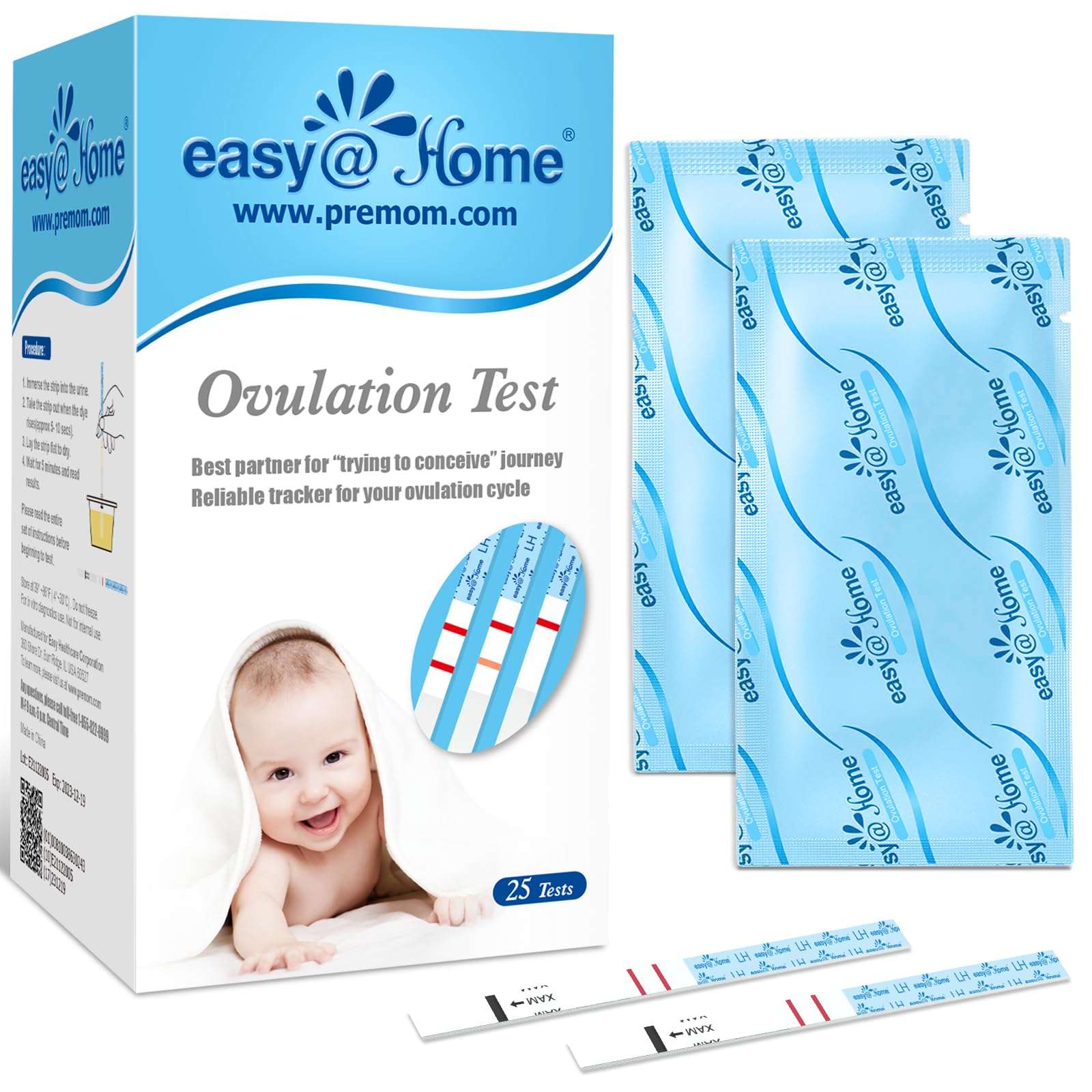 Easy at Home ovulation test strips UAE box of 25 with sealed packets and two test strips displayed