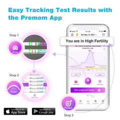 Easy at Home ovulation test strips UAE Premom app showing scan track predict workflow on smartphone with high fertility result