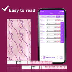 Easy at Home easy at home pregnancy kit test strips and packaging with smartphone app showing hCG results