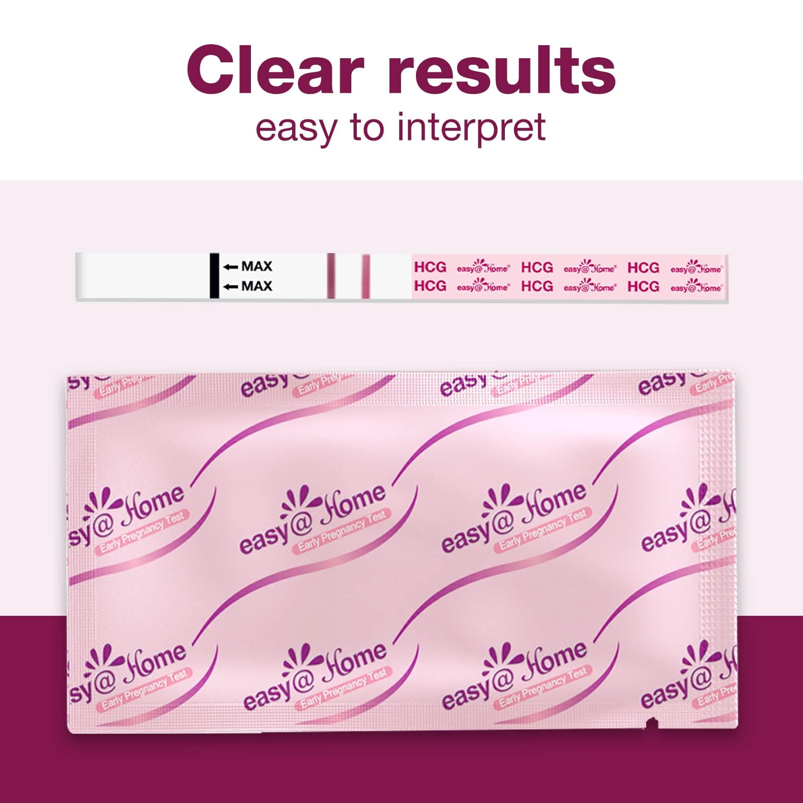 Pregnancy test strip and pink foil pouch with Easy at Home branding showing clear results easy at home pregnancy kit