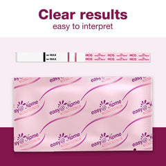 Pregnancy test strip and pink foil pouch with Easy at Home branding showing clear results easy at home pregnancy kit