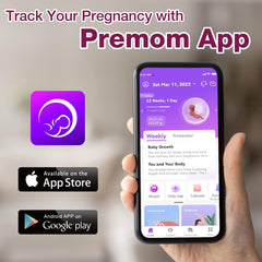 Smartphone showing Premom pregnancy tracker app screen with App Store and Google Play logos easy at home pregnancy kit