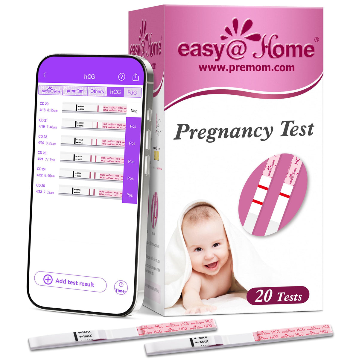 easy at home pregnancy kit box with smartphone app baby image and 20 test strips for accurate home testing