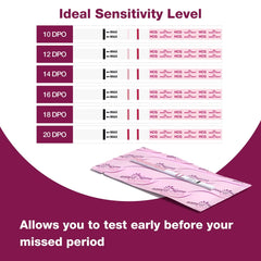 easy at home pregnancy kit showing sensitivity timeline 10 to 20 DPO with pink sealed test strips