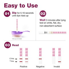 Easy to Use easy at home pregnancy kit instructions showing dip wait read steps with test strip positive negative invalid
