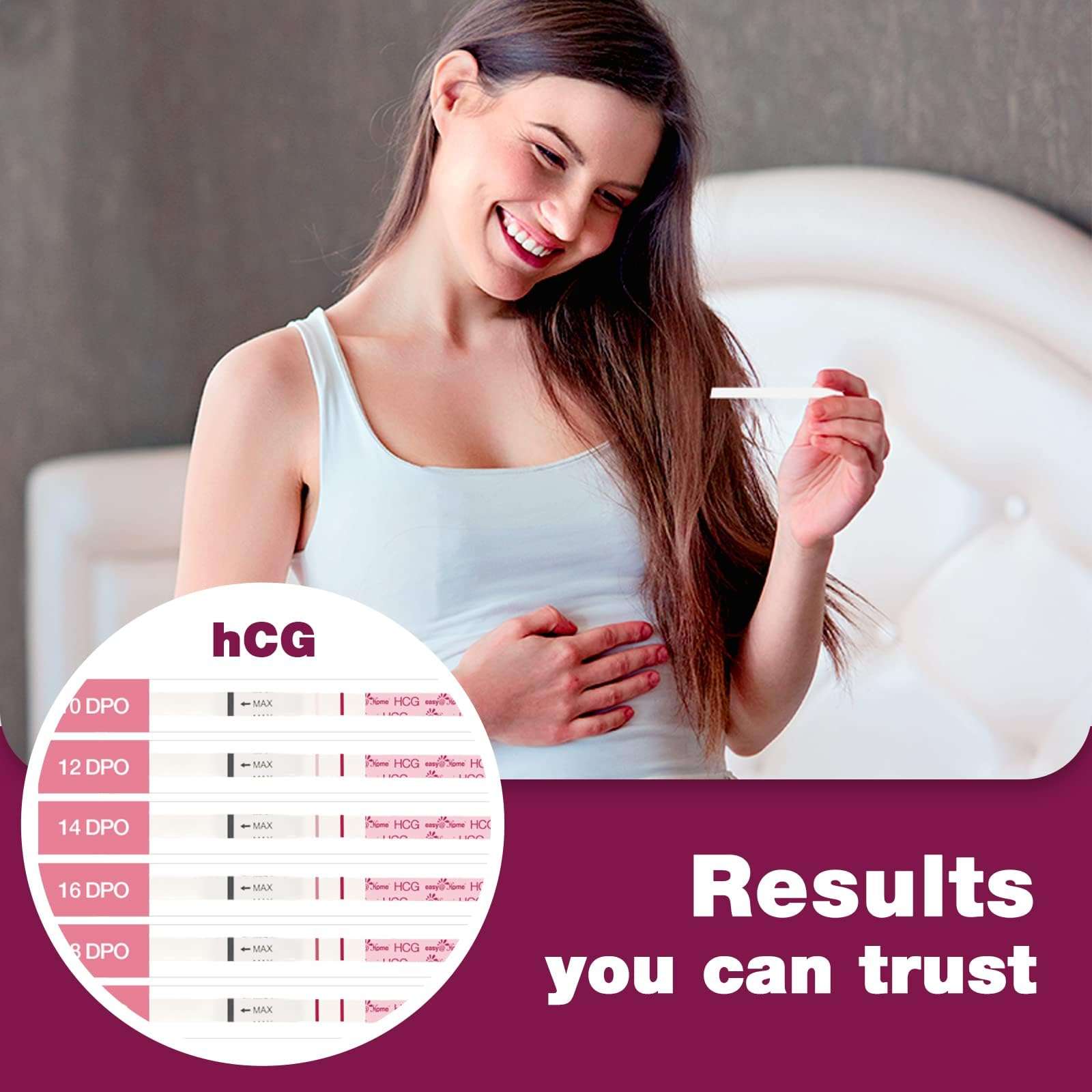 Smiling woman holding pregnancy test with inset strips and text showing easy at home pregnancy kit results you can trust