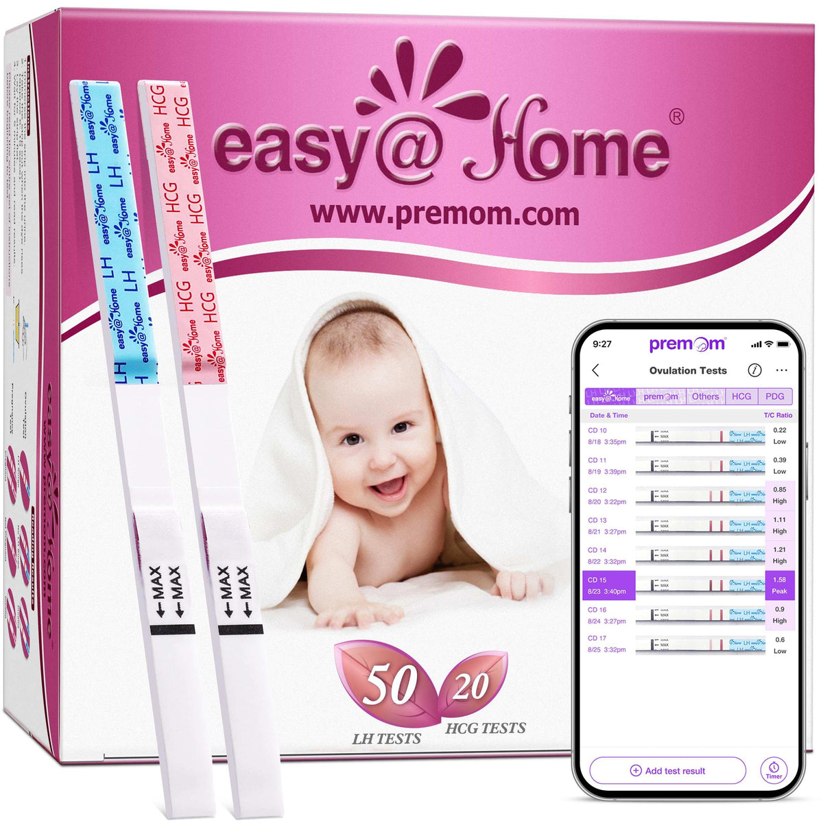 Easy at Home ovulation and pregnancy test kit box showing LH and HCG test strips baby photo and smartphone results