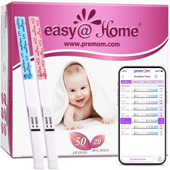 Easy at Home ovulation and pregnancy test kit box showing LH and HCG test strips baby photo and smartphone results