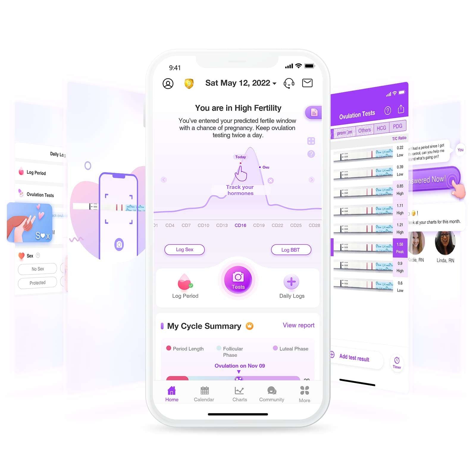 Easy at Home fertility app and ovulation test strips shown on smartphone screen for ovulation and pregnancy test kit