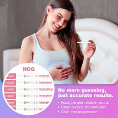 ovulation and pregnancy test kit showing smiling pregnant woman holding a positive test with inset HCG progression strips