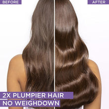 Before and after split photo of long brown hair showing volume and shine