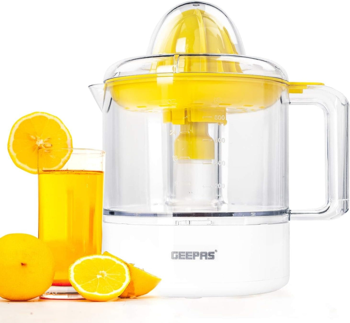 Geepas Portable Citrus Juicer Set Non Slip Feet Transparent Lid Plastic Body Effortless Juicer with 2 Cones Bi-Direction Twist for Quick Nutritious Juices 1 L 25 W GCJ9900 Yellow/White