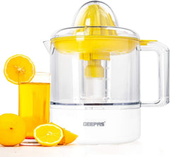 Geepas Portable Citrus Juicer Set Non Slip Feet Transparent Lid Plastic Body Effortless Juicer with 2 Cones Bi-Direction Twist for Quick Nutritious Juices 1 L 25 W GCJ9900 Yellow/White