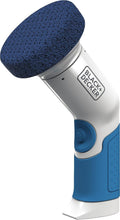 Power scrubber brush with dark blue pad and blue handle, Black+Decker branding