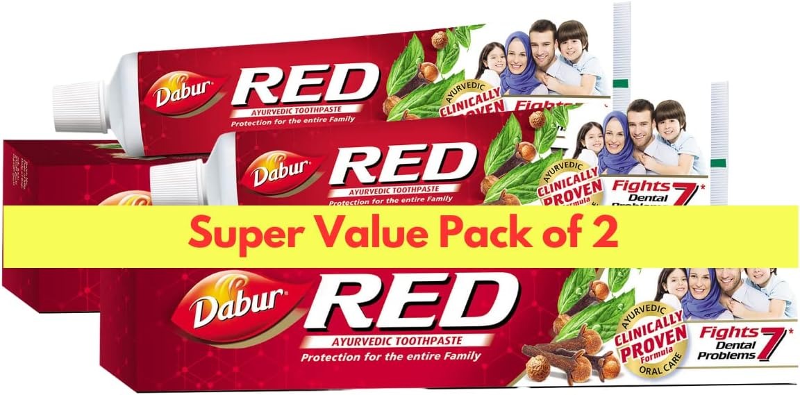 Dabur RED Ayurvedic toothpaste twin pack, red squeeze tubes with Dabur logo