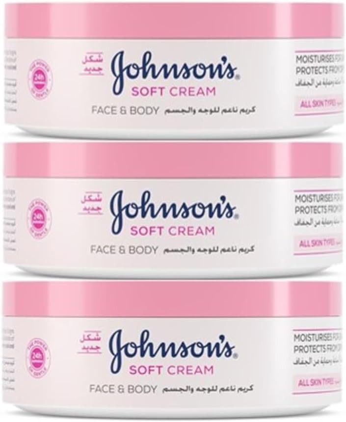 Johnson’s 24 Hour Moisture Soft Cream, Pack of 3x100ml, Enriched with Shea Butter, Reduces Skin Tightness, Flakiness, Moisturizing Cream, Suitable for All Skin Types - Package May Vary