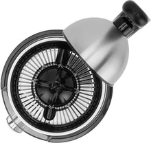 Stainless steel citrus juicer with black reamer and metal strainer, silver finish